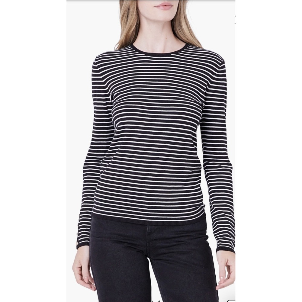 Lafayette 148 Women's Black/white Striped Crewneck Long Sleeve 100% Wool Size L‎